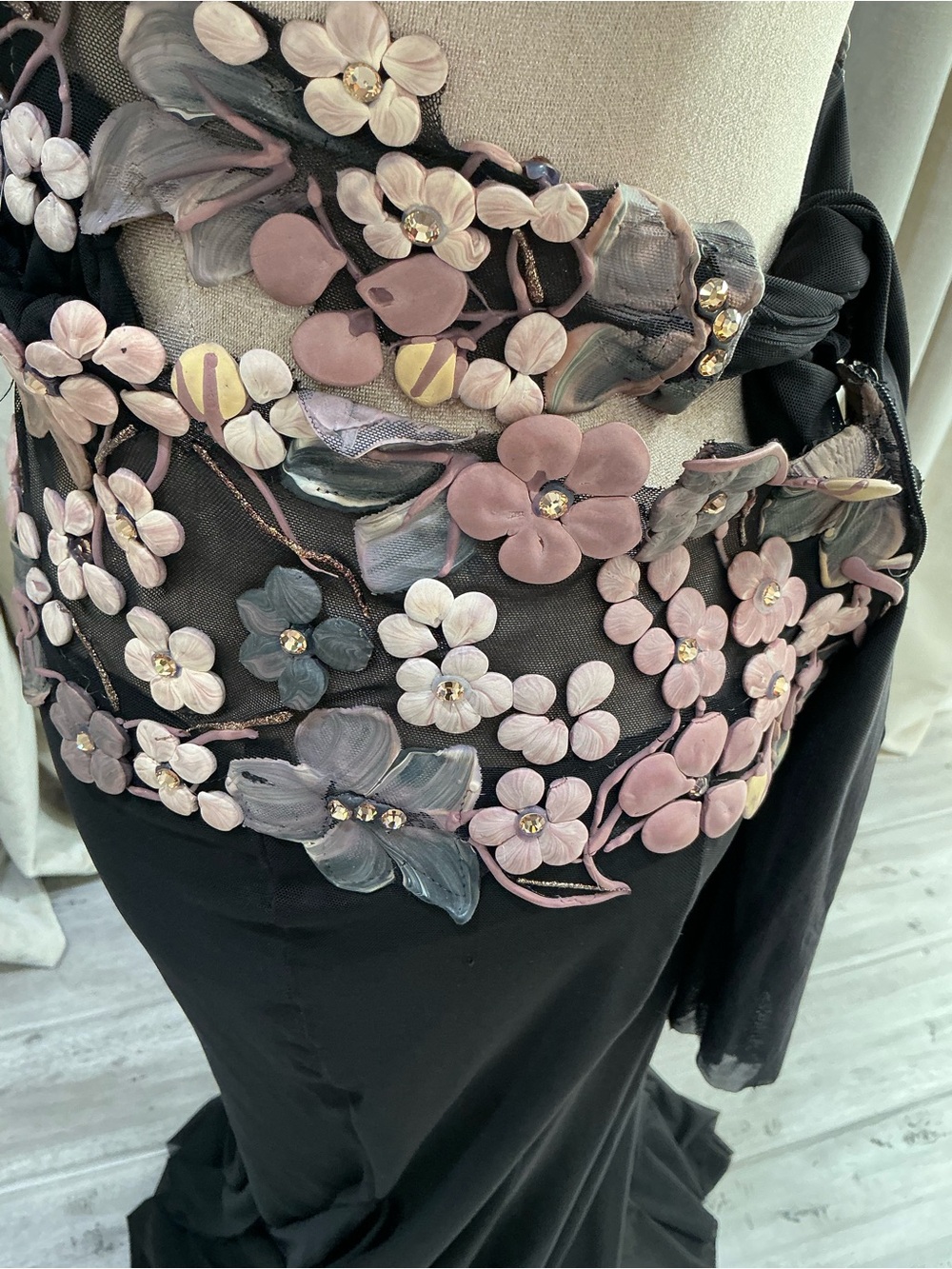 Black Halter Evening Gown with Pink Floral Embroidery - Picture 13 of 15